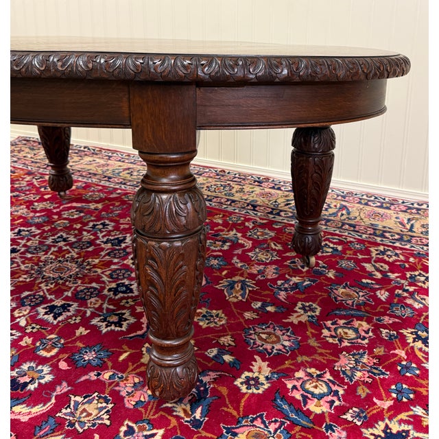 Brown Antique English Butterfly Leaf Oval Carved Dining Table 118" Tiger Oak C1920-30s For Sale - Image 8 of 17