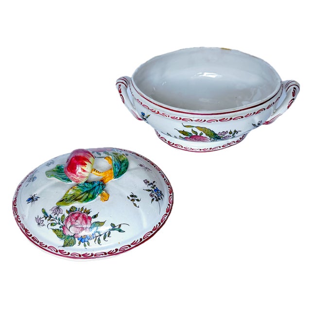 French Country Vintage Handpainted Fruit & Floral Lidded Tureen For Sale - Image 3 of 12