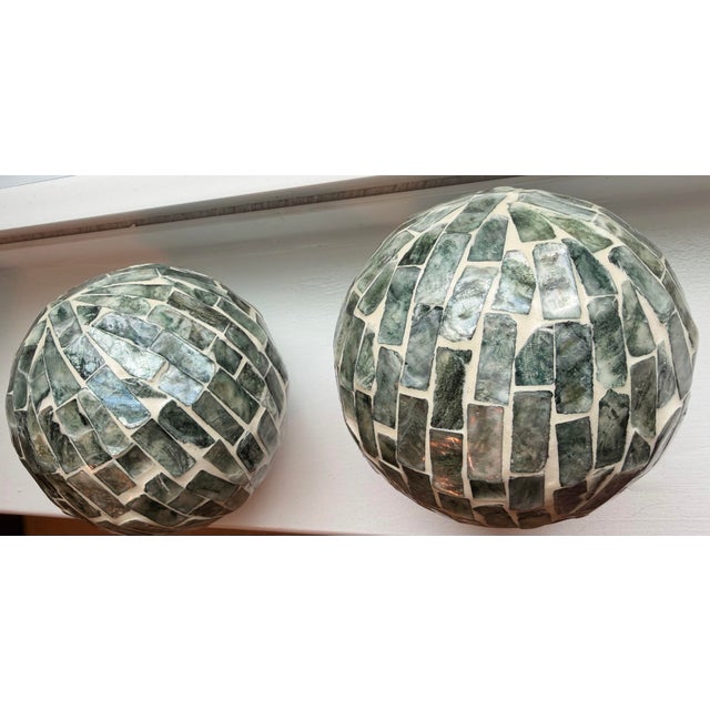 Heavy Mosaic Glass Decorative Orbs Set of 2 Coastal 4” Spheres For Sale - Image 4 of 5