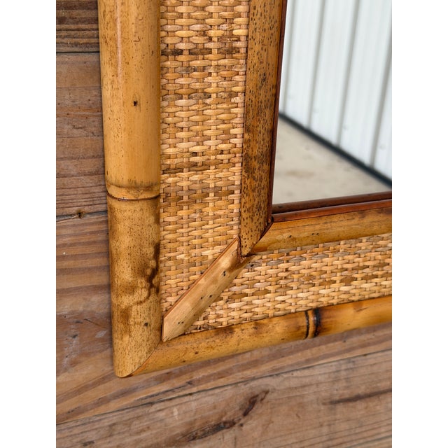 English Vintage Coastal Tortoise Bamboo & Woven Rattan Wall Mirror For Sale - Image 3 of 12