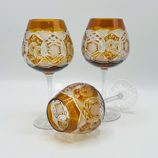 1950s Vintage Bohemian Amber Cut-to-Clear Wine Glasses, 1950s, Set of 3 For Sale - Image 5 of 11