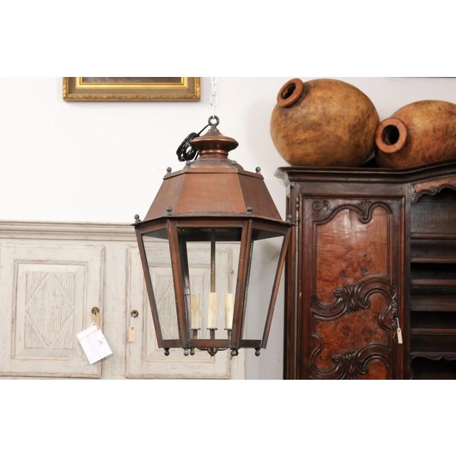 French French Copper Three-Light Hexagonal Lanterns with Glass Panels, US Wired - A Pair For Sale - Image 3 of 12