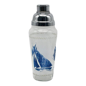 1930s Art Deco Clear Glass Cocktail Shaker With Blue Transferware Sailboat Design