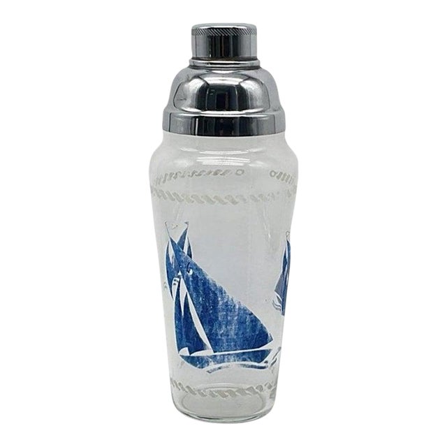 Art Deco Clear Glass Cocktail Shaker With Blue Transferware Sailboat Design For Sale