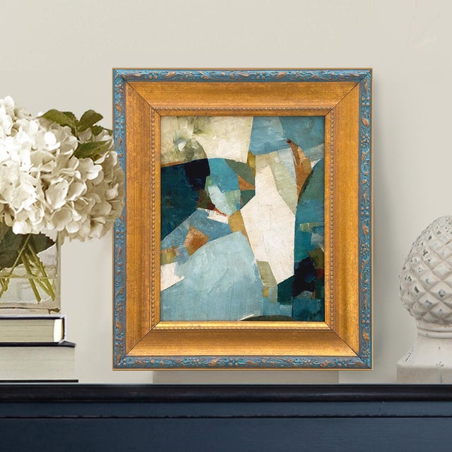 This is a new abstract oil painting on hardboard canvas panel in rich tones of blue, green and warm ivory. The oil...