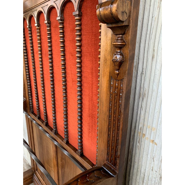 19th Large Carved Spanish Solid Walnut Hall Stand with Red Velvet Back For Sale In Miami - Image 6 of 18