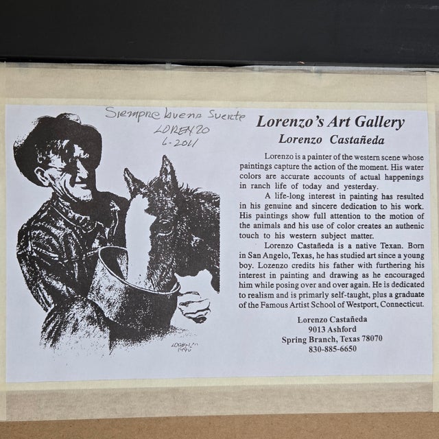 Lorenzo Castñeda 2011 "La Fiesta Vaquera" Framed Watercolor 39"w X 27"h Beautiful Western Piece For Sale - Image 17 of 18