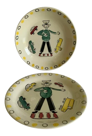 Vintage Georg Schmider Crossing Guard Children's Ceramic Dishes- a Pair