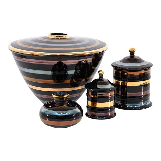 Set of 4 Yapacunchi Ceramica Black Striped With Gold Accent Ceramic Vessels For Sale