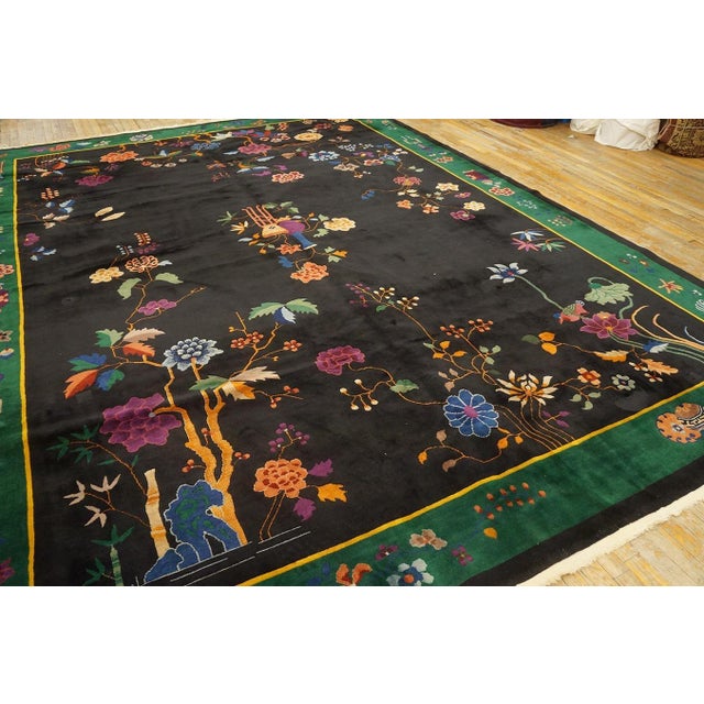 Textile 1920s Black Floral Modernist Antique Chinese Art Deco Rug 10' X 13' 6" Knotted Wool Carpet For Sale - Image 7 of 12