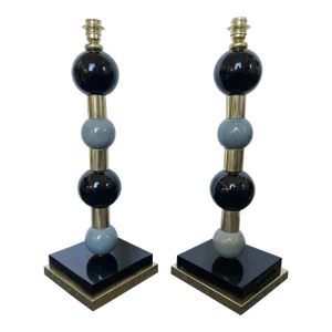 Contemporary Brass Murano Glass and Ceramic Ball Lamps, Italy - a Pair
