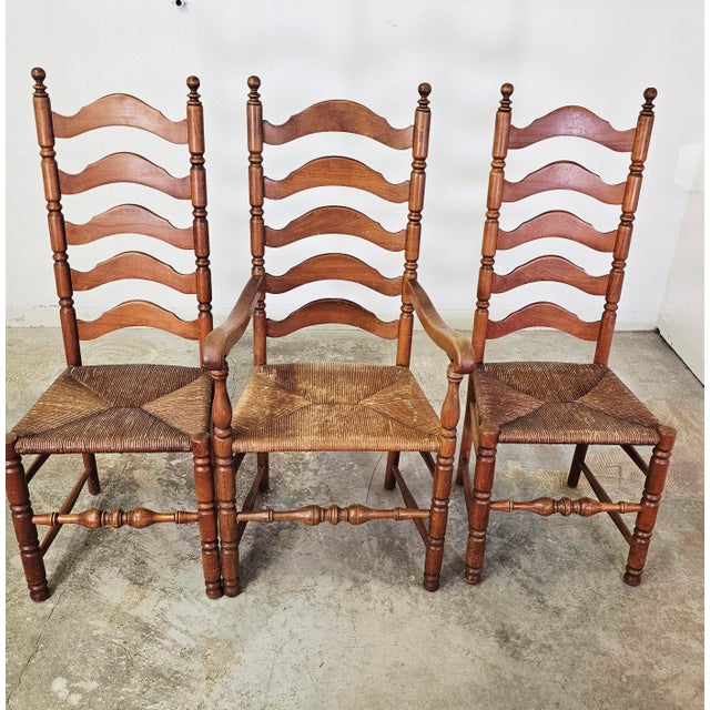 Set of 6 French Provincial Ladderback Dining Chairs With Rush Seats, Oak, Mid-Century For Sale - Image 11 of 18