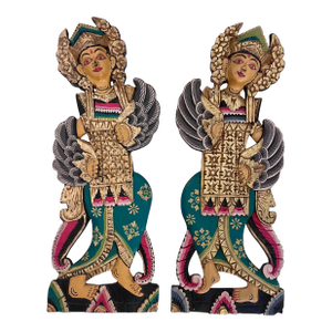 Pair of 26-Inch Balinese Wood Statues, Hand-Carved and Painted Folk Art Figures