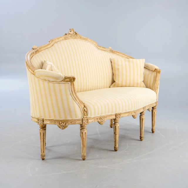 Sofa in the Stockholm style of the Gustavian period from the 1st half of the 19th century. Made of wood, painted grey-...