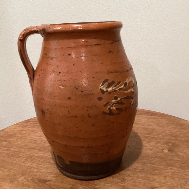 French Provincial Antique French Terracotta Glazed Floral Decor Pitcher 19th Century For Sale - Image 3 of 13