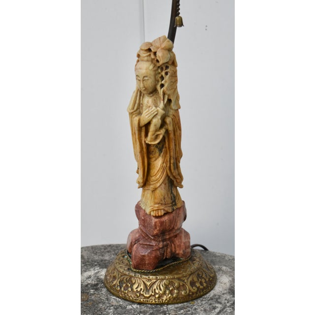Antique Carved Soapstone Lamp of the Goddess Guanyin on Ornate Brass Base For Sale - Image 4 of 12
