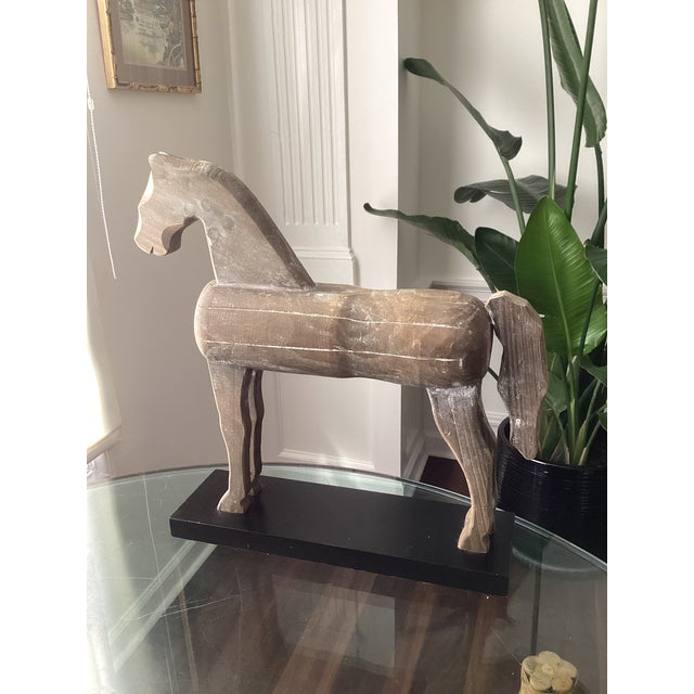 2010s Global Views Monumental Carved Wood Horse Sculpture on Museum Plinth For Sale - Image 5 of 5