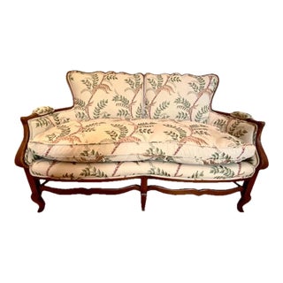 Antique Settee Upholstered in Botanical Embroidery by Jane Shelton For Sale