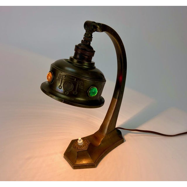 Art Nouveau Table Lamp in Brass and Colourful Glass, 1920s For Sale - Image 3 of 6