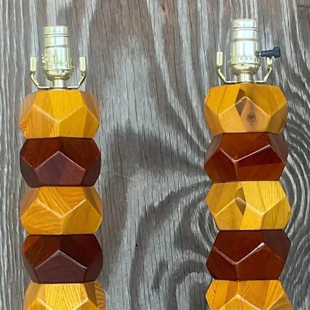 Vintage Boho Stacked Faceted Wood Block Lamps - a Pair For Sale - Image 10 of 13
