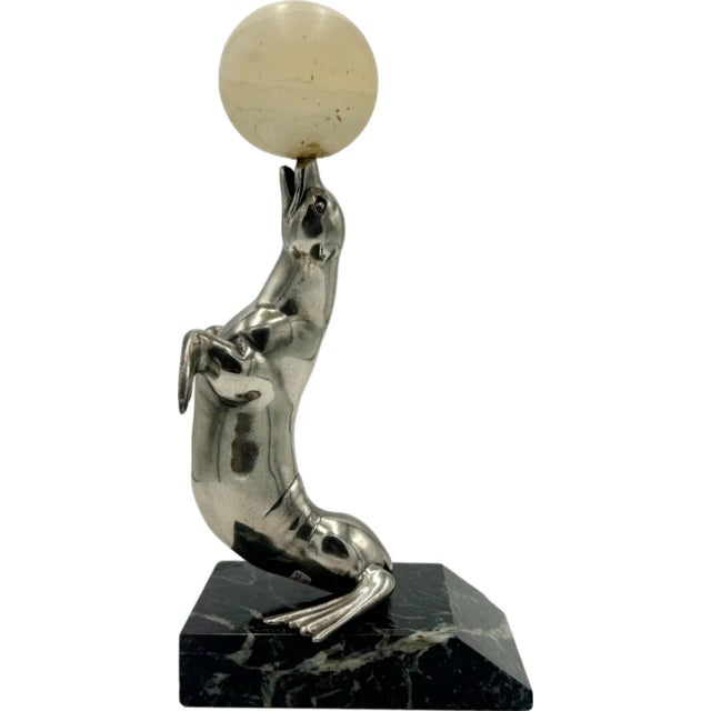 1930s Pair Art Deco Sea Lion Bookends French Silverplate Alabaster For Sale - Image 5 of 12