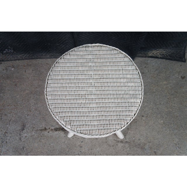 Vintage Boho Chic White Wicker Bamboo Rattan Round Pedestal Table Stand For Sale - Image 6 of 11