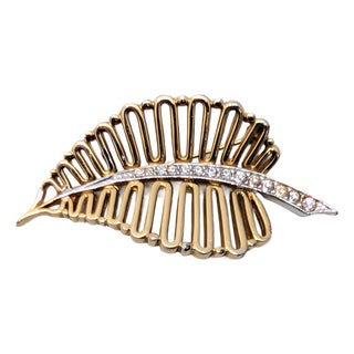 Vintage Signed Boucher Goltone & Clear Rhinestone Leaf Brooch For Sale