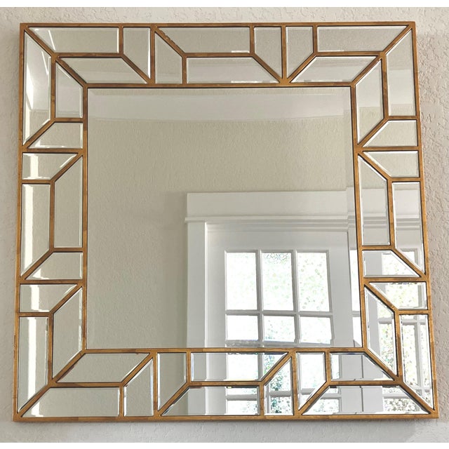 Circa 2014 Hollywood Regency Beveled & Paneled Burnished Gilt Wood Mirror - Hangs Square or Diagonally For Sale - Image 9 of 12
