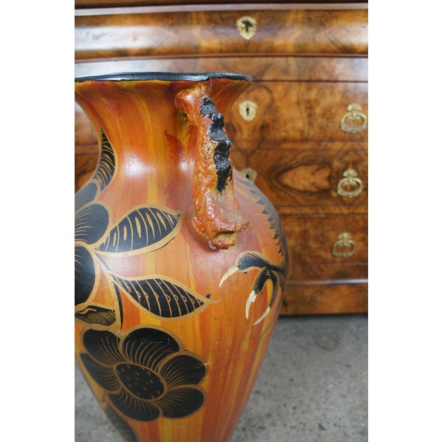 Orange Vintage Terracotta Hand Painted Dragon & Floral Handled Floor Vase Jar Urn For Sale - Image 8 of 12