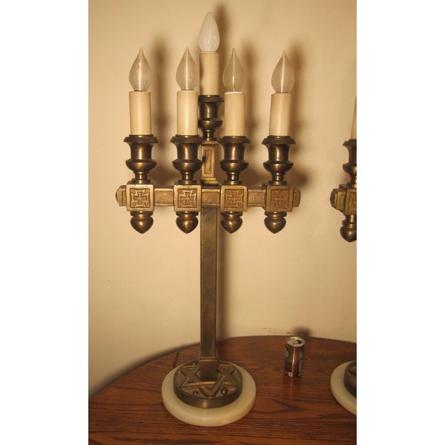 Religious 1940s Pair of 2 Gigantic Solid Bronze Marble Catholic Church Electric Table Lamp Brass For Sale - Image 3 of 12