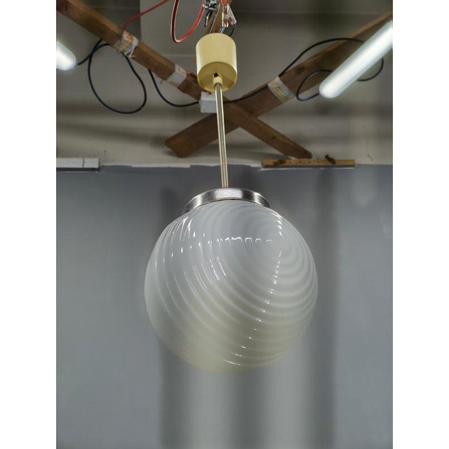 Metal Czechoslovak Ribbed Opaline Glass Pendant Light, 1970s For Sale - Image 7 of 10