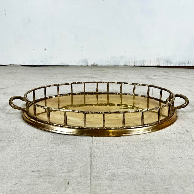 Hollywood Regency Vintage Faux Bamboo Brass Oval Tray For Sale - Image 3 of 7