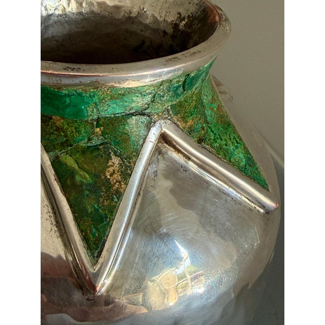 Metal Vintage Emilia Castillo Taxco Brutalist Silver Plate and Malchite Vase For Sale - Image 7 of 11