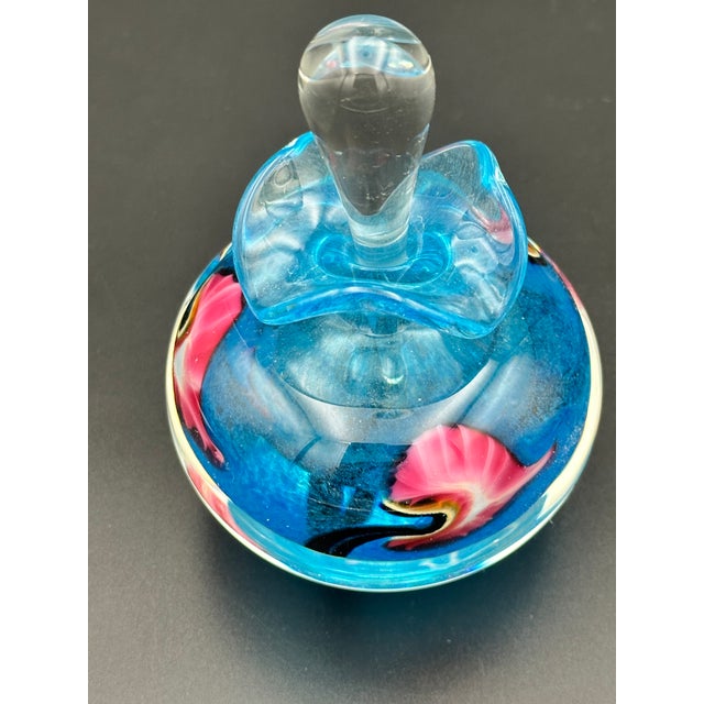 Signed Hand‑Blown Studio Art Glass Perfume Bottle – Blue Swirl With Clear Stopper For Sale - Image 4 of 9