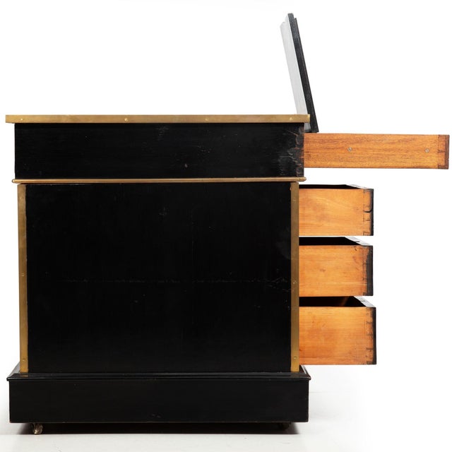 19th Century English Antique Campaign Ebonized Pedestal Desk, 19th Century For Sale - Image 5 of 18