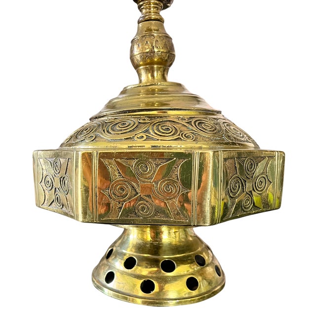 Metal Mid 20th Century Moroccan Moorish Engraved Brass Oil Lamp-Form Table Lamp For Sale - Image 7 of 10