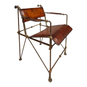 Early Patinaed Wrought Iron and Leather Armchair Lounge Chair / Armchair Attributed to Ilana Goor, Israel, Circa 1960s