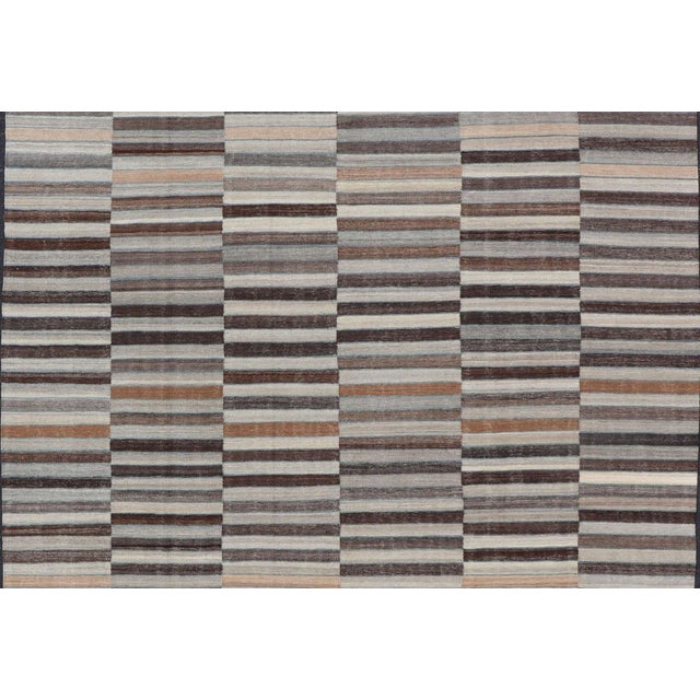 Modern Flat-Weave Kilim Rug in Multi-Panel Striped Design in Earthy Tones For Sale - Image 9 of 13