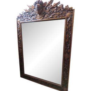 Late 19th Century Monumental French Walnut Carved Renaissance Revival Mirror Armor Helmets