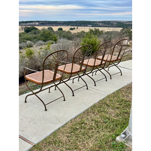 Wood Vintage Drexel Heritage Bronze Wrought Iron, Wood, Woven Cane Set of Four Arm Chairs For Sale - Image 7 of 14