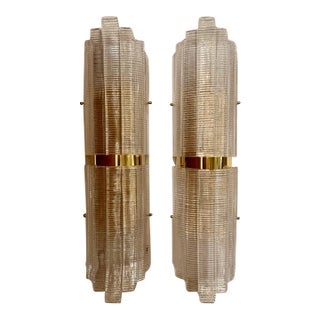 Large Scale Ribbed Murano Glass and Brass Tube Form Sconces For Sale
