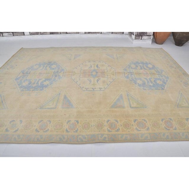 Turkish Vintage Anatolian Wool Area Rug, Light Sand Field With Soft Blue Geometric Medallions For Sale - Image 3 of 10