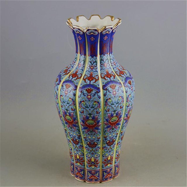 Asian Famille Rose Scalloped Porcelain Vase, Gilded Multi-Color Floral Lobed Vase For Sale - Image 3 of 5