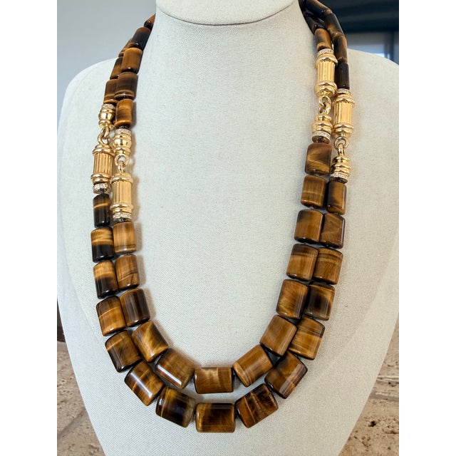 1980s Italian 14k Gold Tiger’s Eye Diamond Sautoir Necklace For Sale - Image 13 of 15