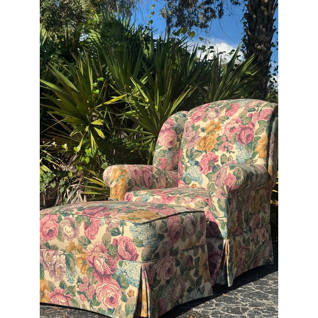 Hickory Chair Furniture Company Vintage Hickory Hill Floral Upholstered Armchair & Ottoman | Traditional English Country Style For Sale - Image 4 of 12