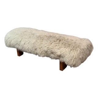 Mid Century Modern Sheepskin Upholstered Bench For Sale