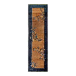 1920s Antique Brown Open Field Wool Floral Peking Chinese Hallway Runner Rug For Sale