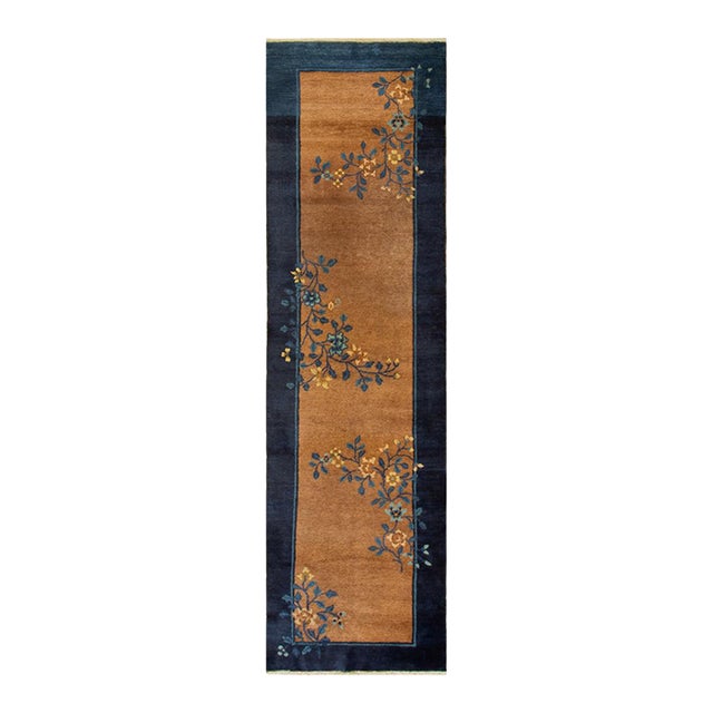 1920s Antique Brown Open Field Wool Floral Peking Chinese Hallway Runner Rug For Sale