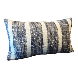 Vintage Indian Woven Blue and White Stripes Petite Lumbar Decorative Pillow For Sale