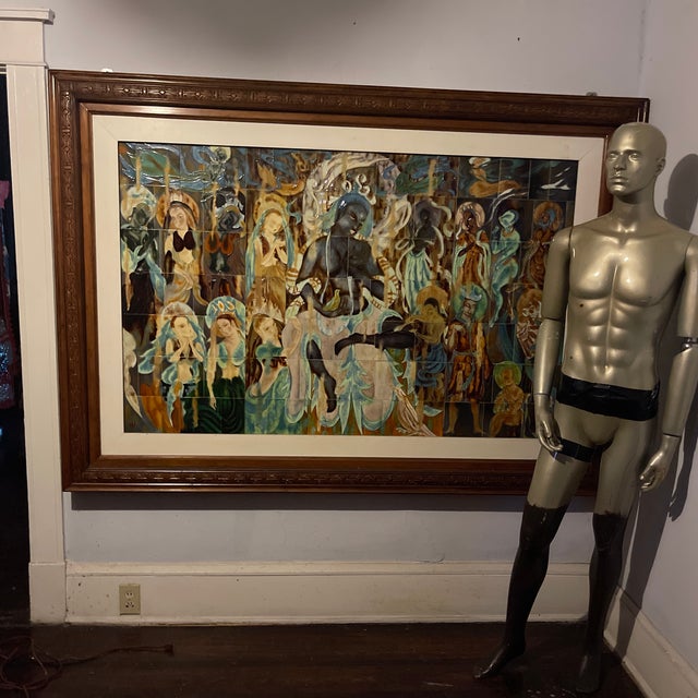 Glass Monumental Large National Treasure Artist Lin Chih-Hsin Artist Name Lin Zhi B. 1936 , Dunhuang Cave Ceramic Style Mural Triptych’s 82x58x3.5 , 1970’s For Sale - Image 7 of 11
